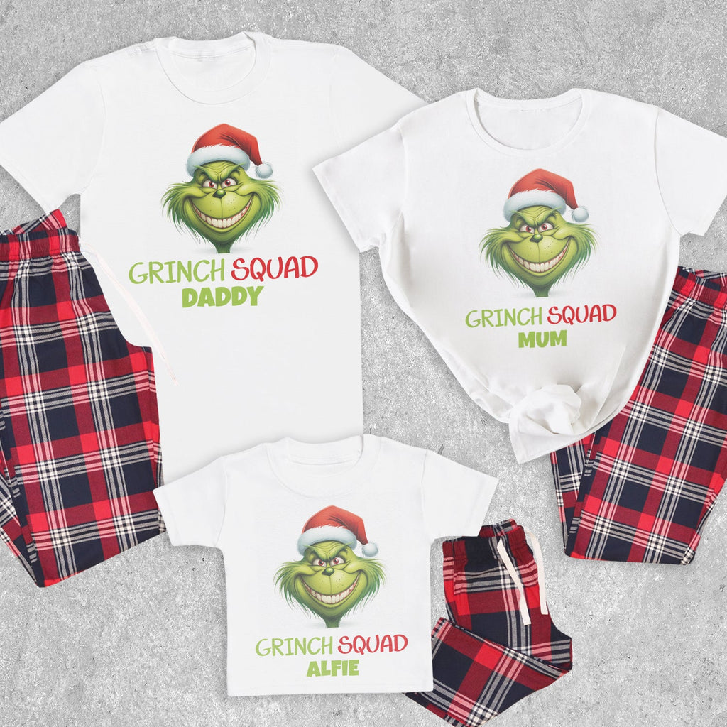 Personalised Grinch Squad - Family Matching Christmas Pyjamas - Top & Tartan PJ Bottoms - (Sold Separately)