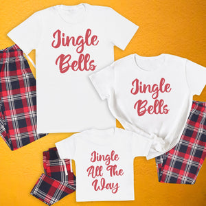 Jingle Bells, Jingle Bells & Jingle All The Way - Family Matching Christmas Pyjamas - Top & Tartan PJ Bottoms - (Sold Separately)