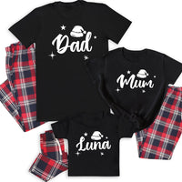 Personalised Dad, Mum & ... White Santa Hat- Family Matching Christmas Pyjamas - Top & Tartan PJ Bottoms - (Sold Separately)