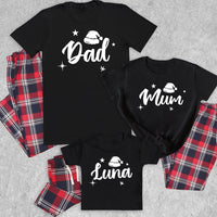 Personalised Dad, Mum & ... White Santa Hat- Family Matching Christmas Pyjamas - Top & Tartan PJ Bottoms - (Sold Separately)