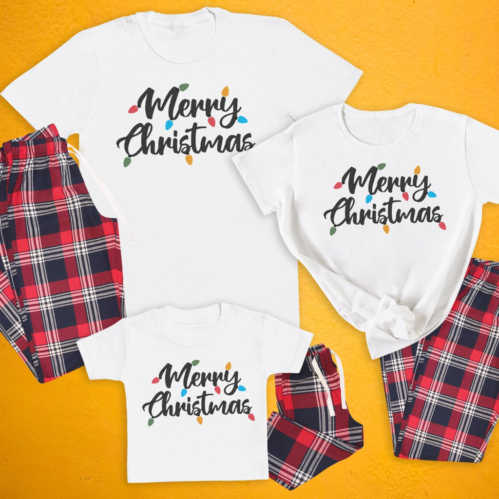 Merry Christmas - Family Matching Christmas Pyjamas - Top & Tartan PJ Bottoms - (Sold Separately)