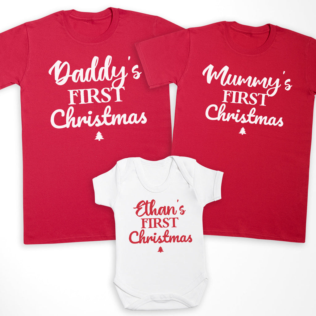 Personalised Daddy, Mummy & ... First Christmas - Family Matching Christmas Tops - RED Adult, Kids & Baby - (Sold Separately)