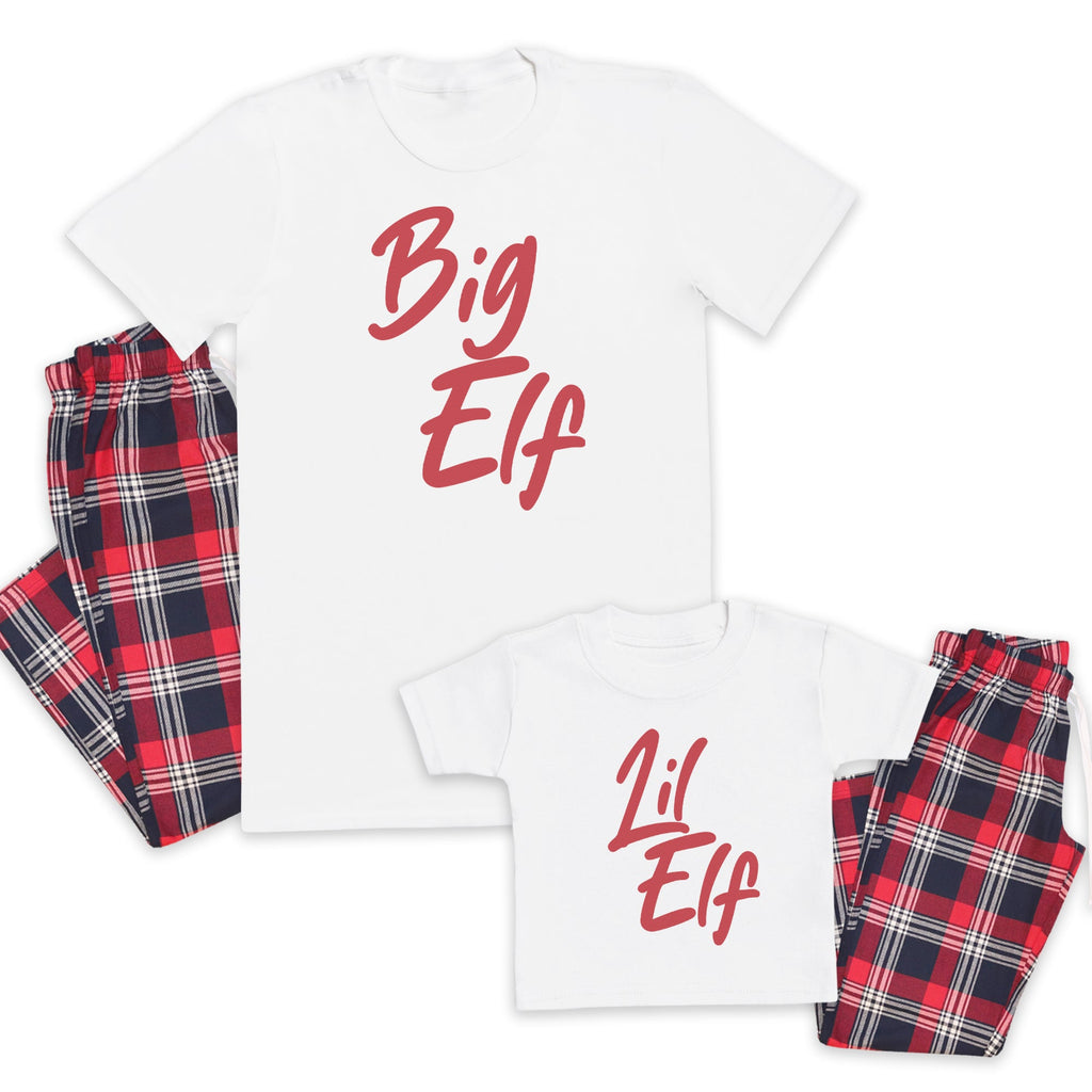 Big & Little Elf - Family Matching Christmas Pyjamas - Top & Tartan PJ Bottoms - (Sold Separately)