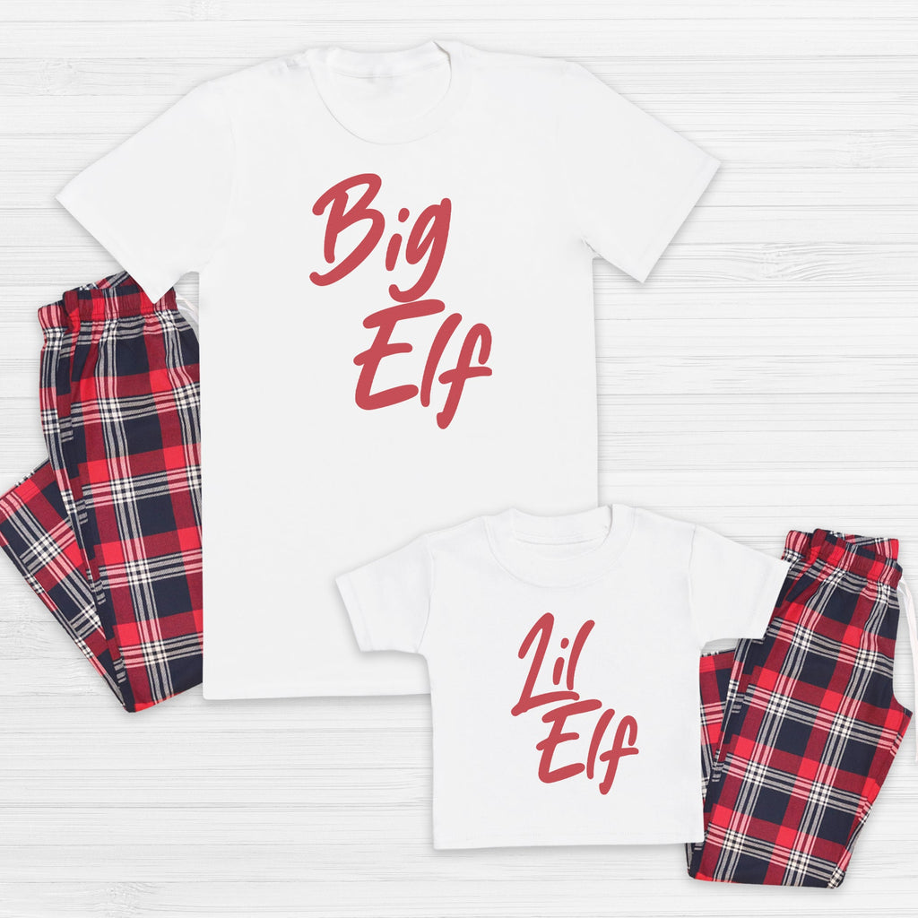 Big & Little Elf - Family Matching Christmas Pyjamas - Top & Tartan PJ Bottoms - (Sold Separately)