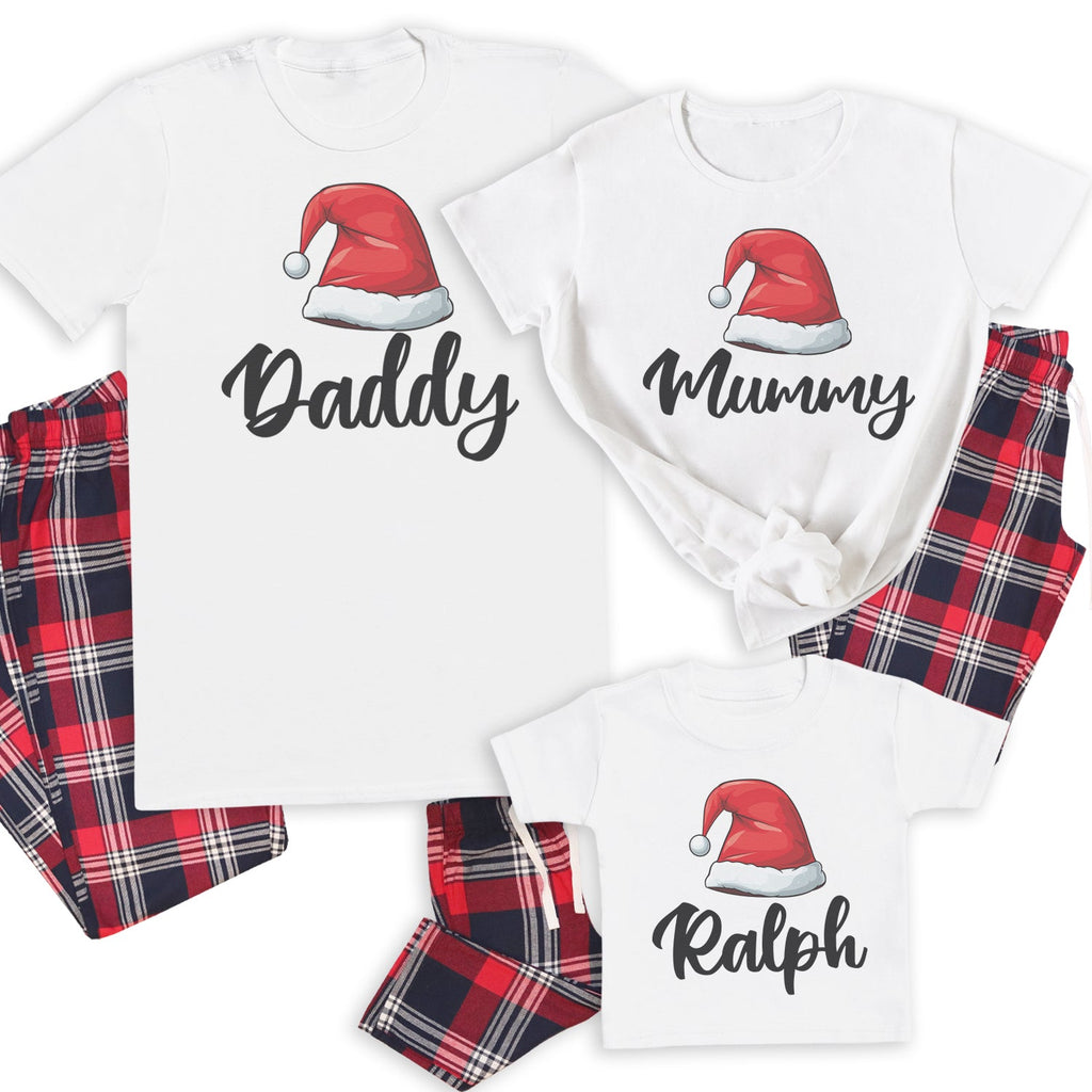 Personalised Daddy, Mummy & ... Santa Hat - Family Matching Christmas Pyjamas - Top & Tartan PJ Bottoms - (Sold Separately)