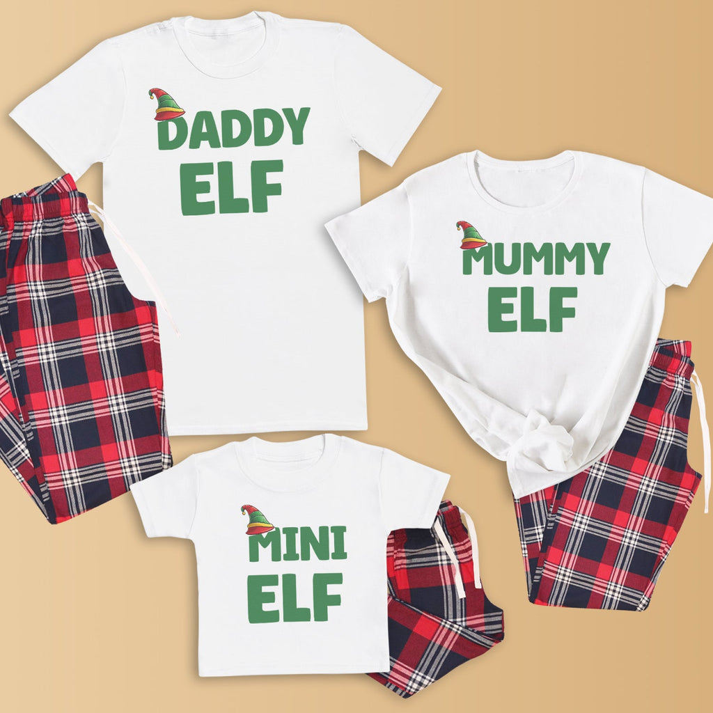 Daddy, Mummy & Mini Elf - Family Matching Christmas Pyjamas - Top & Tartan PJ Bottoms - (Sold Separately)