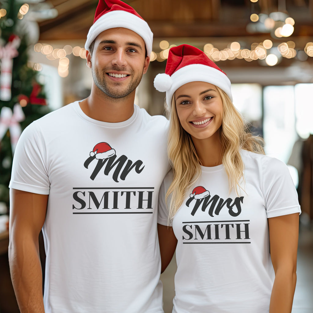 Personalised Mr & Mrs With Santa Hat - Couple Matching Christmas Tops - (Sold Separately)