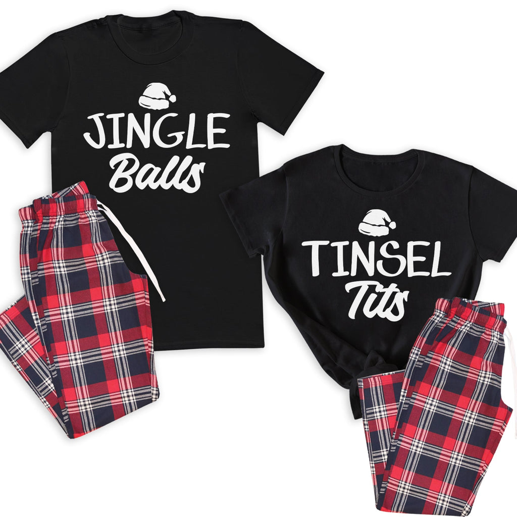 Jingle Balls & Tinsel Tits - Family Matching Christmas Pyjamas - Top & Tartan PJ Bottoms - (Sold Separately)