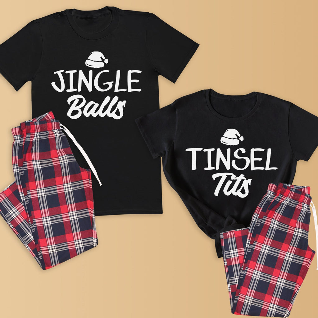 Jingle Balls & Tinsel Tits - Family Matching Christmas Pyjamas - Top & Tartan PJ Bottoms - (Sold Separately)