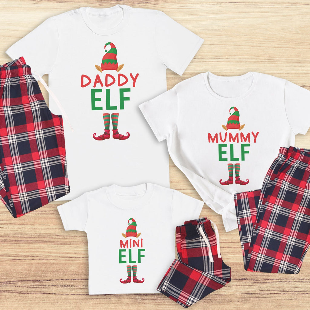 Daddy, Mummy, Mini Elf Hat & Feet - Family Matching Christmas Pyjamas - Top & Tartan PJ Bottoms - (Sold Separately)