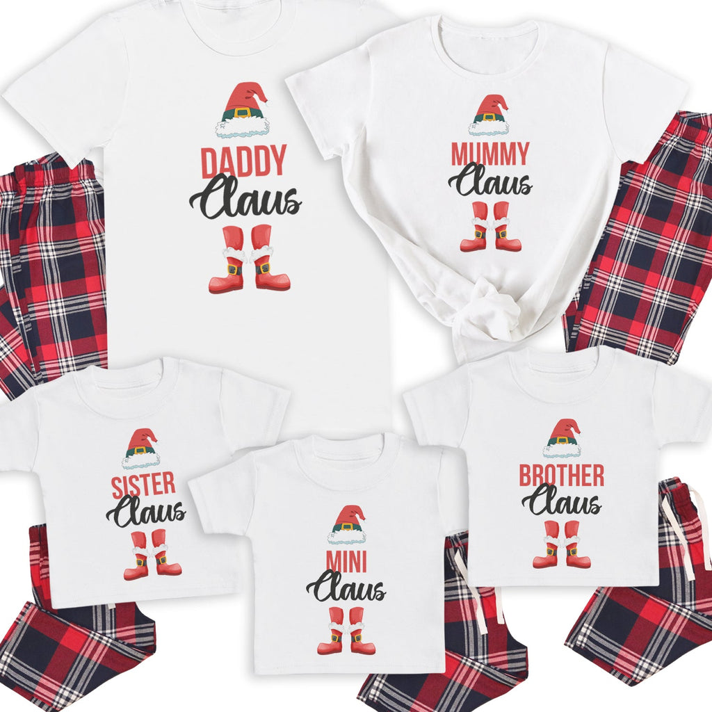 Full Family Claus Scripted with Feet - Family Matching Christmas Pyjamas - Top & Tartan PJ Bottoms - (Sold Separately)