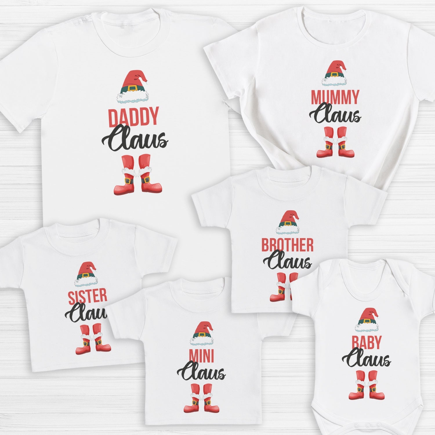 Family Claus With Hat & Feet - Family Matching Christmas Tops - Adult, Kids & Baby - (Sold Separately)