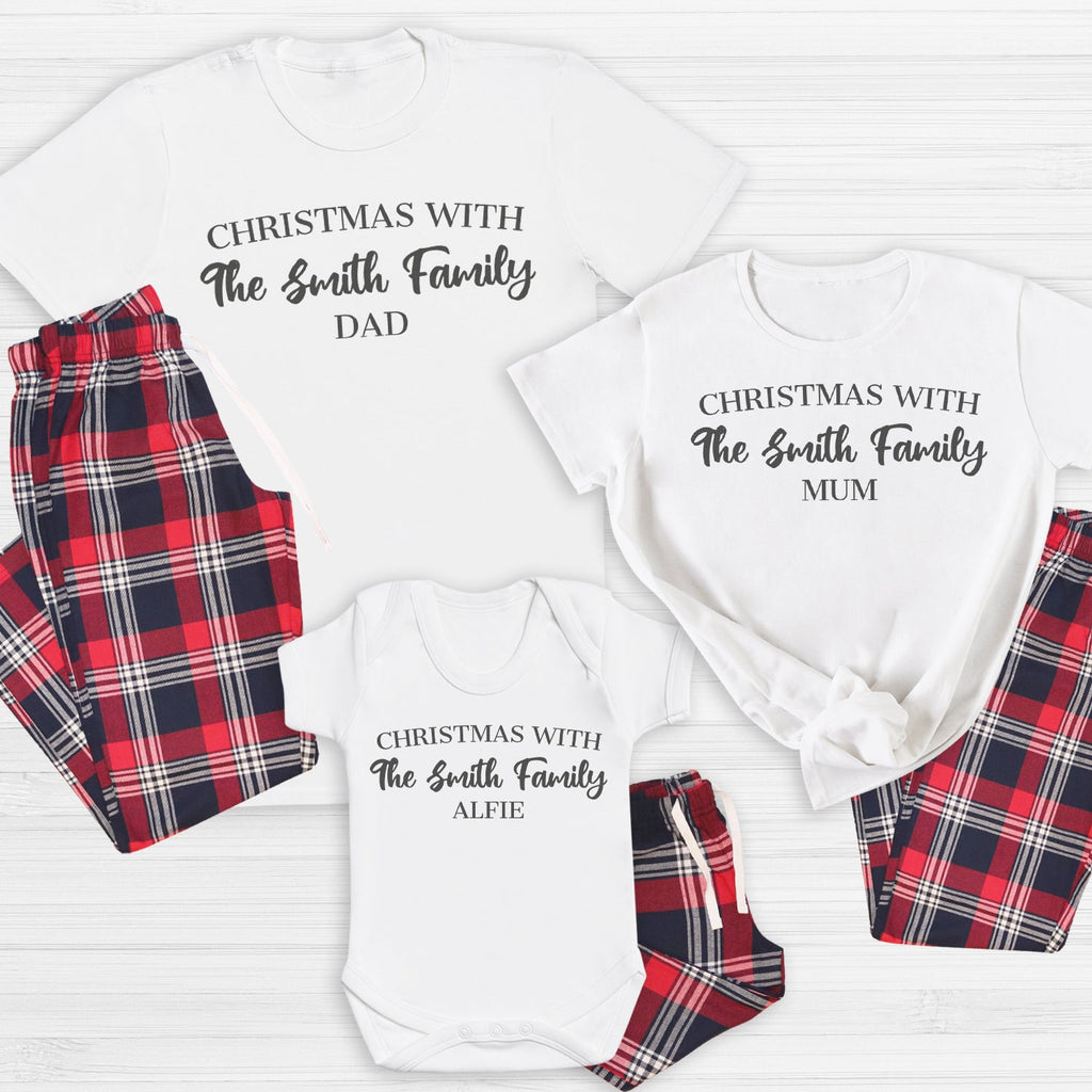 Personalised Christmas with the ... Family - Family Matching Christmas Pyjamas - Top & Tartan PJ Bottoms - (Sold Separately)