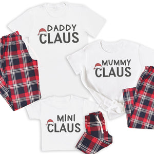 Daddy, Mummy, Mini Claus Black Text- Family Matching Christmas Pyjamas - Top & Tartan PJ Bottoms - (Sold Separately)