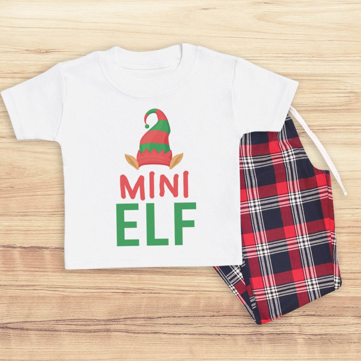Mini Elf Family Matching Christmas Pyjamas Top Tartan PJ Bottoms
