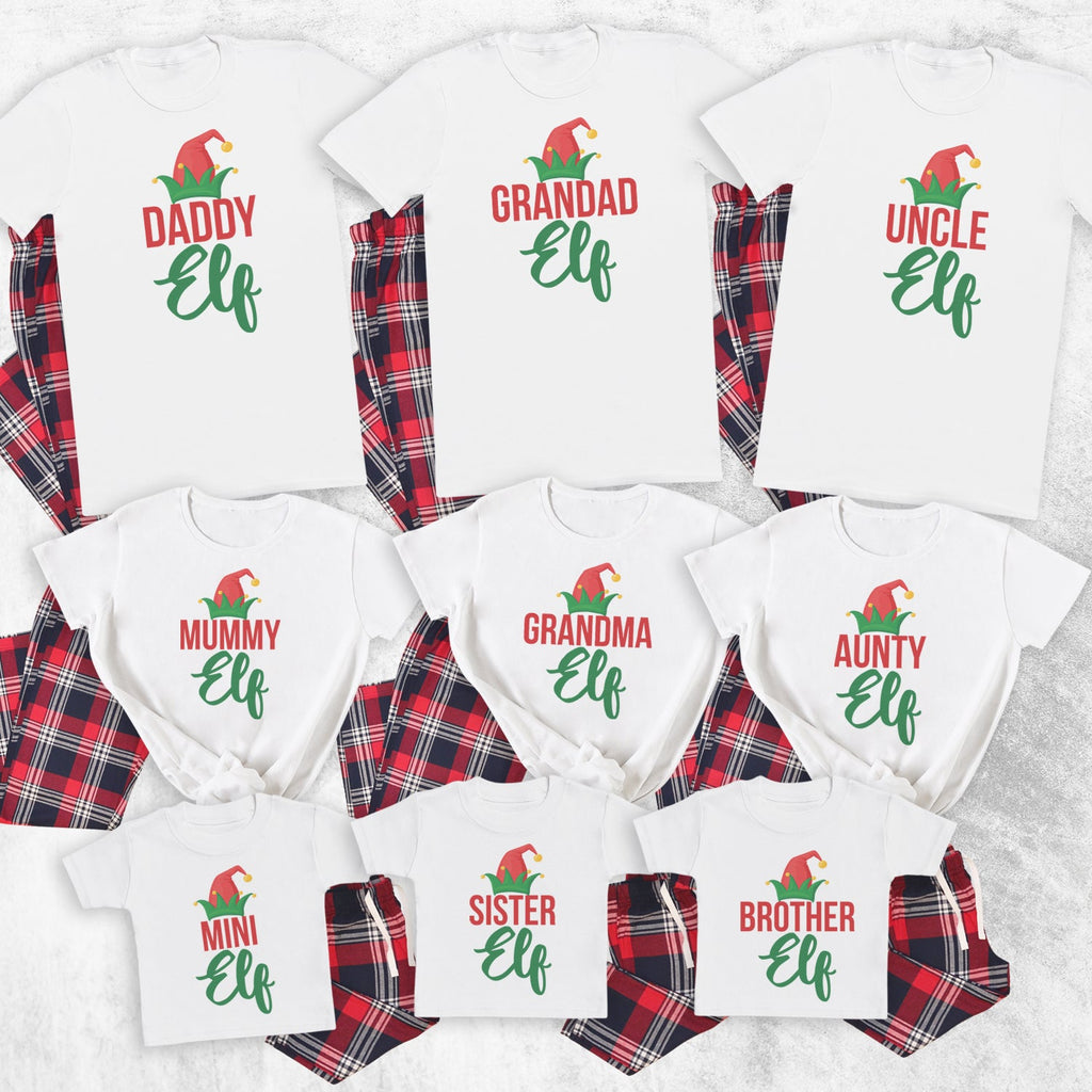 All Family Names Elfs - Family Matching Christmas Pyjamas - Top & Tartan PJ Bottoms - (Sold Separately)