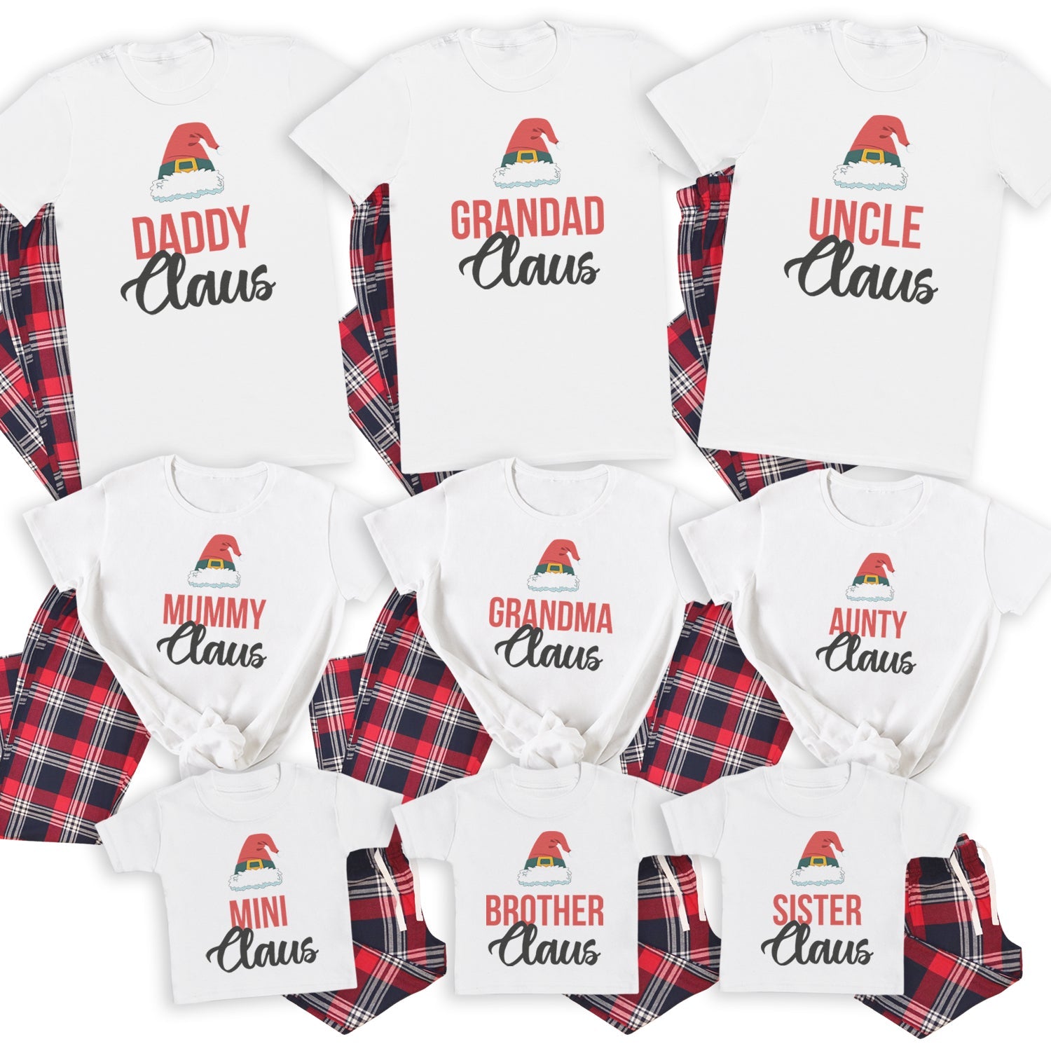 Full Family Claus Scripted - Family Matching Christmas Pyjamas - Top & Tartan PJ Bottoms - (Sold Separately)