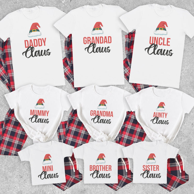 Full Family Claus Scripted - Family Matching Christmas Pyjamas - Top & Tartan PJ Bottoms - (Sold Separately)