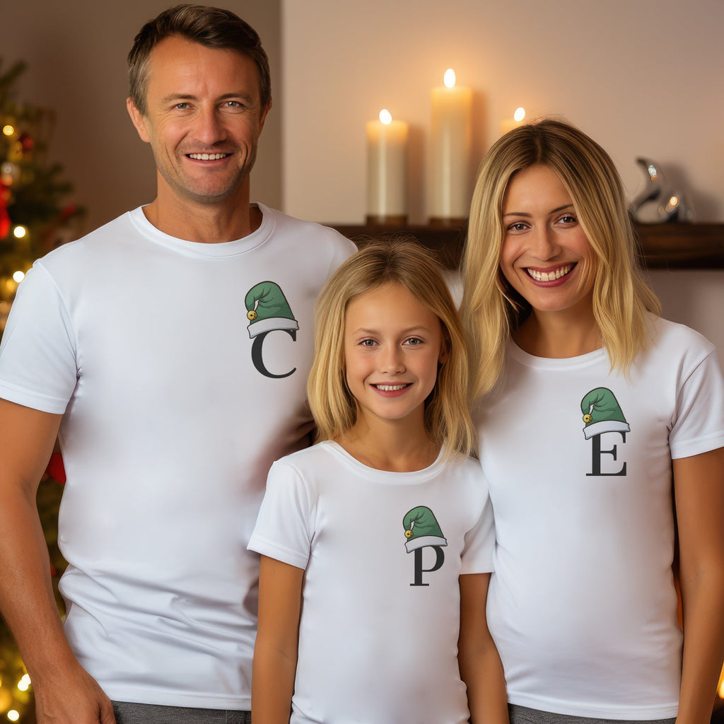 Personalised Inital With Elf Hat - Family Matching Christmas Tops - Adult, Kids & Baby - (Sold Separately)