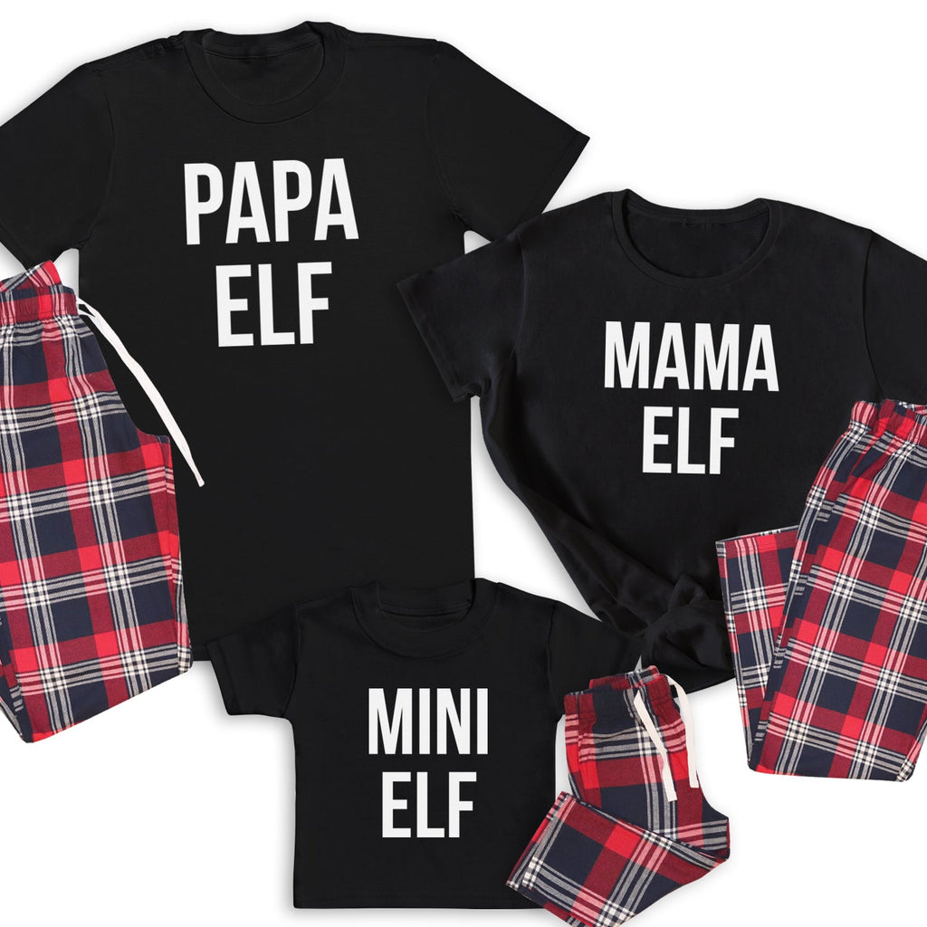 Papa, Mama & Mini Elf White - Family Matching Christmas Pyjamas - Top & Tartan PJ Bottoms - (Sold Separately)