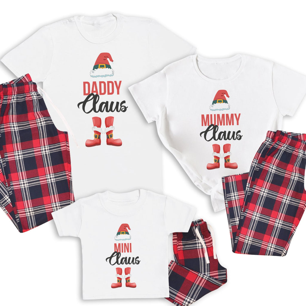 Daddy, Mummy, Mini Clause Hat & Feet - Family Matching Christmas Pyjamas - Top & Tartan PJ Bottoms - (Sold Separately)