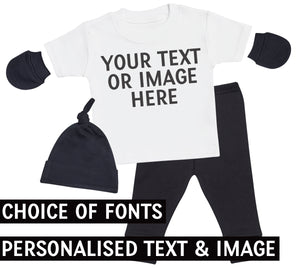 PERSONALISED Your Own Text or Photo, White Baby Bodysuit, Black Baby Bottoms, Black Baby Mittens, Black Baby Tietop Hat, Baby Outfit
