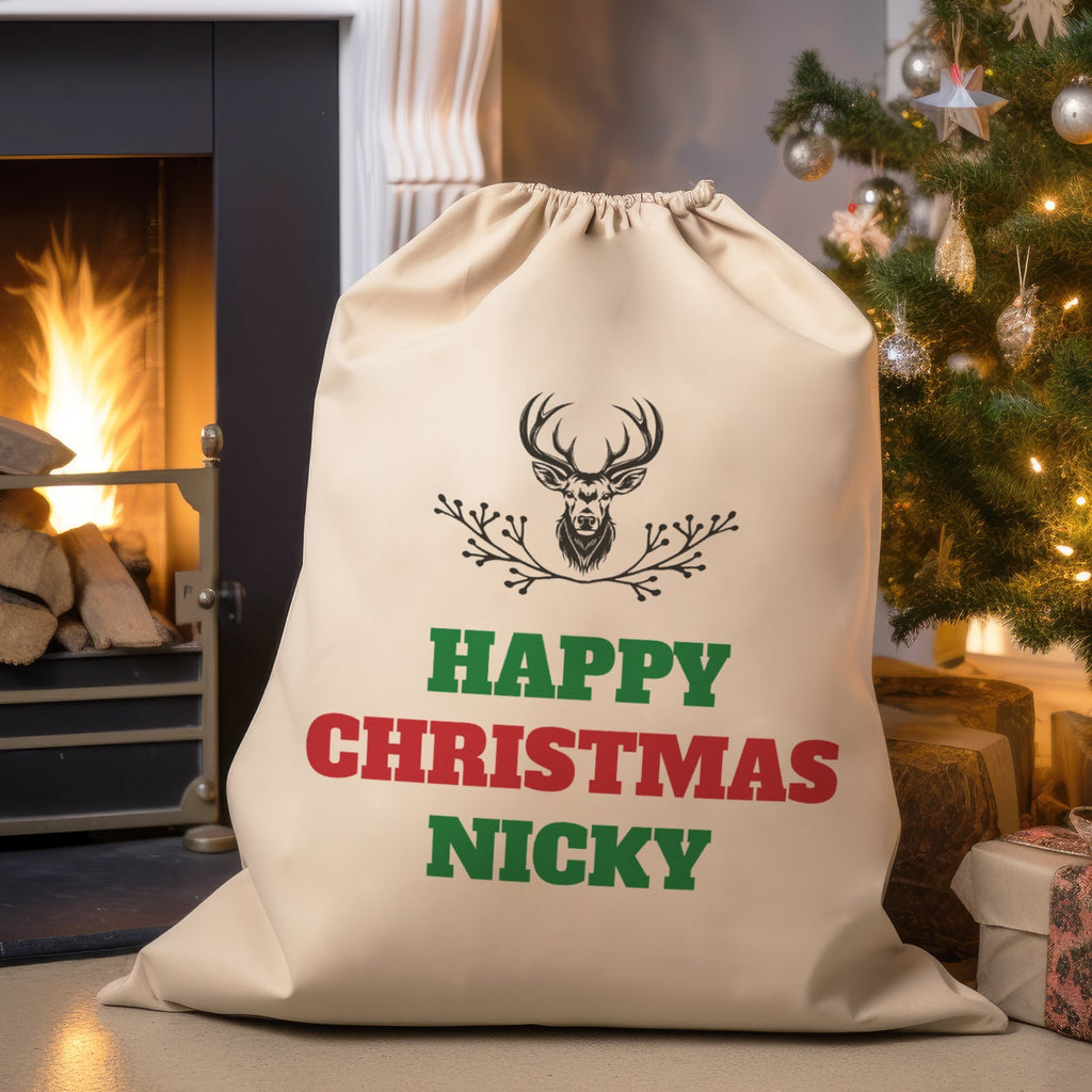 Personalised Reindder Coloured Happy Christmas Name - Christmas Santa Sack