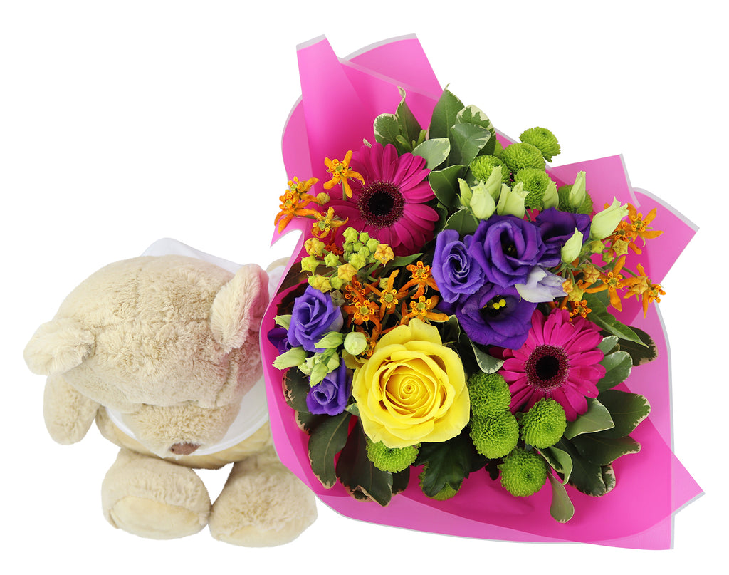 Cuddle Me Teddy Bear with Bright Handtied Bouquet