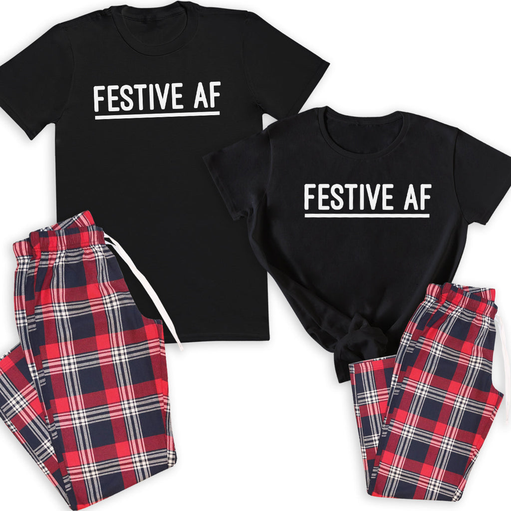 Festive AF - Family Matching Christmas Pyjamas - Top & Tartan PJ Bottoms - (Sold Separately)