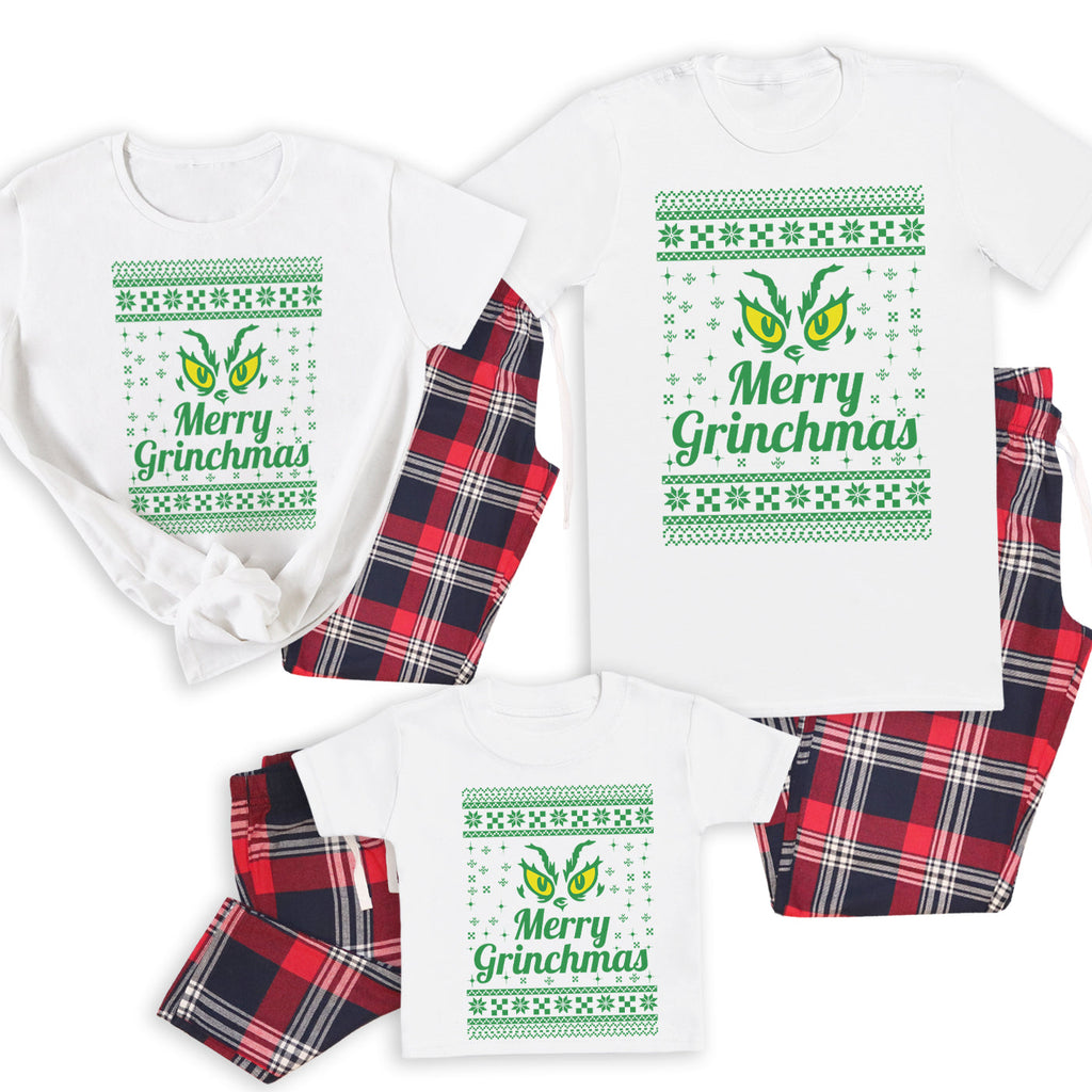 Merry Grinchmas - Family Matching Christmas Pyjamas - Top & Tartan PJ Bottoms - (Sold Separately)