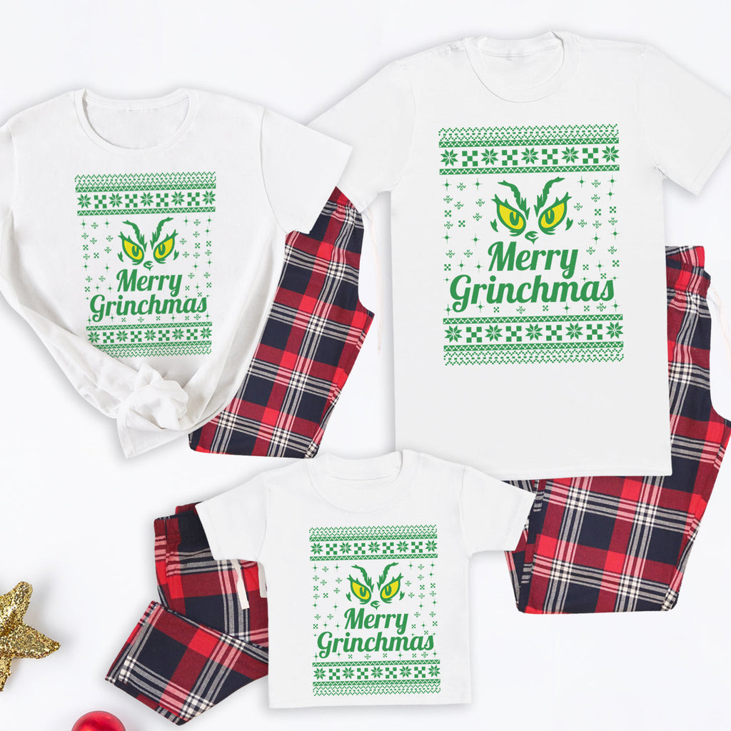 Merry Grinchmas - Family Matching Christmas Pyjamas - Top & Tartan PJ Bottoms - (Sold Separately)