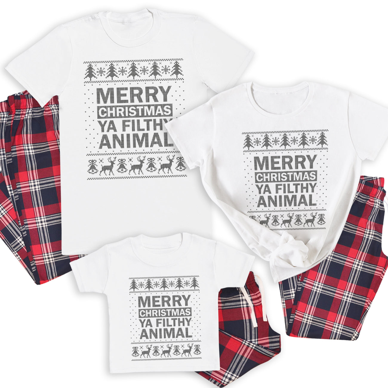 Merry Christmas Ya Filthy Animal Picture Family Matching Christmas Pyjamas Top Tartan PJ Bottoms Sold Separately