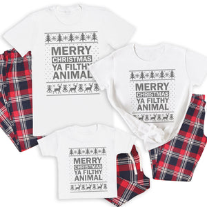 Merry Christmas Ya Filthy Animal Picture - Family Matching Christmas Pyjamas - Top & Tartan PJ Bottoms - (Sold Separately)