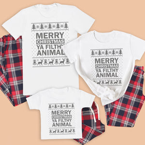 Merry Christmas Ya Filthy Animal Picture - Family Matching Christmas Pyjamas - Top & Tartan PJ Bottoms - (Sold Separately)