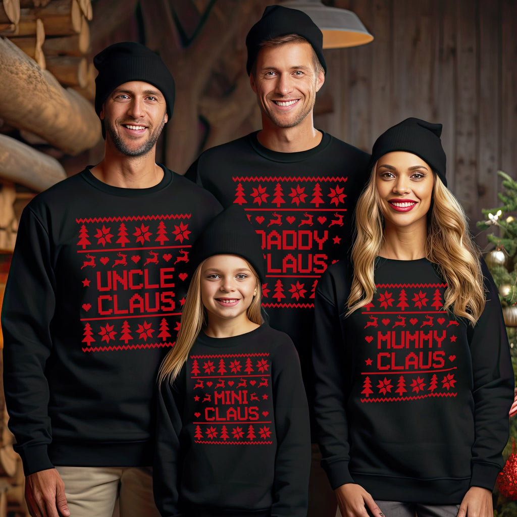 Claus Family Names Pattern Christmas Sweater - Christmas Jumper Sweatshirt - Black - All Sizes