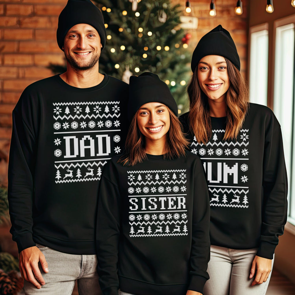 Family Names Pattern Christmas Sweater - Christmas Jumper Sweatshirt - Black - All Sizes