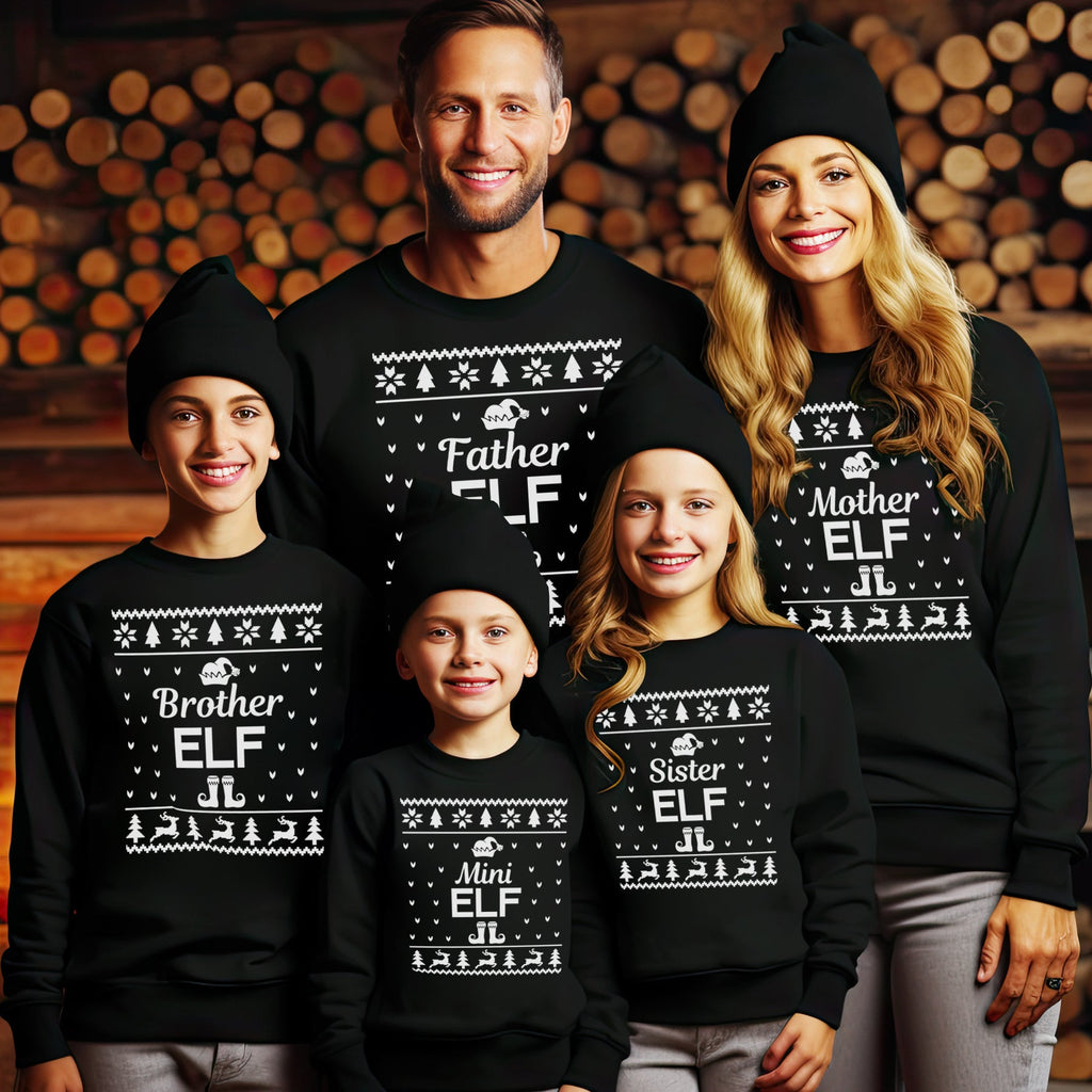 Elf Family Names Christmas Sweater - Christmas Jumper Sweatshirt - Black - All Sizes