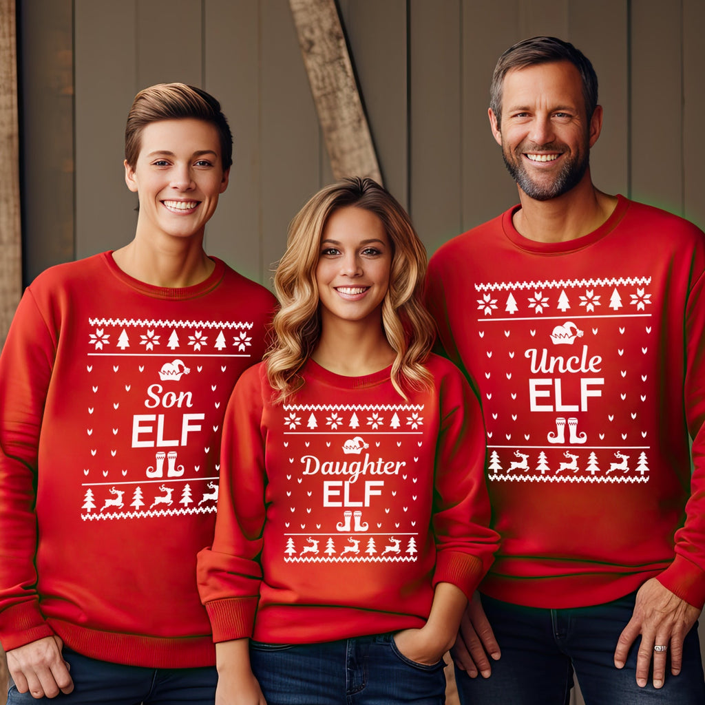 Elf Family Names Christmas Sweater - Christmas Jumper Sweatshirt - Red - All Sizes