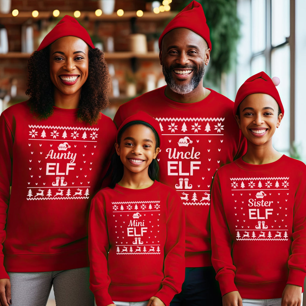 Elf Family Names Christmas Sweater - Christmas Jumper Sweatshirt - Red - All Sizes