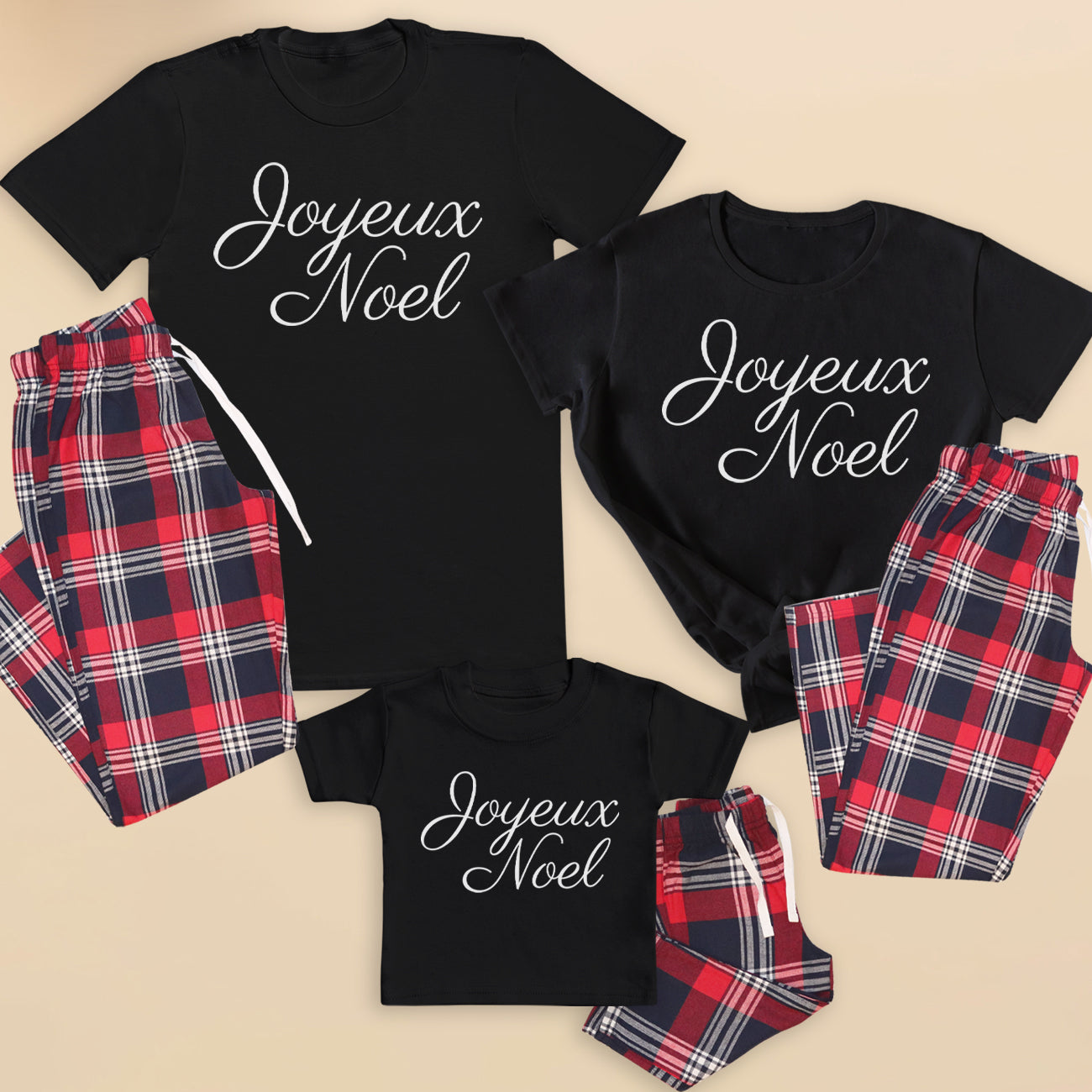 Joyeux Noel - Family Matching Christmas Pyjamas - Top & Tartan PJ Bottoms - (Sold Separately)