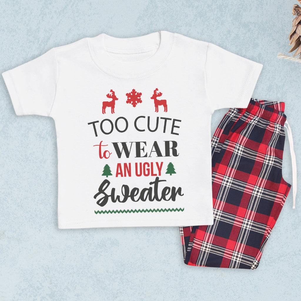 Too Cute For An Ugly Sweater - Family Matching Christmas Pyjamas - Top & Tartan PJ Bottoms