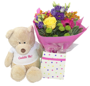 Cuddle Me Teddy Bear with Bright Handtied Bouquet