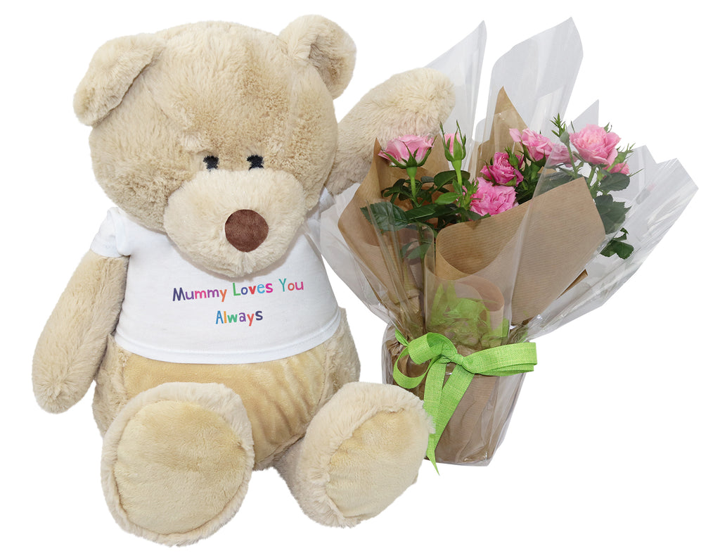 Mummy Loves You Always Teddy Bear with Pink Rose Plant