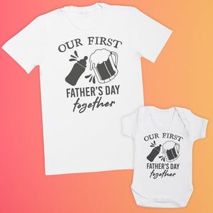 Our First Father's Day Together with Drinks Matching Father Baby Gift Set - Mens T Shirt & Baby Bodysuit - (Sold Separately)