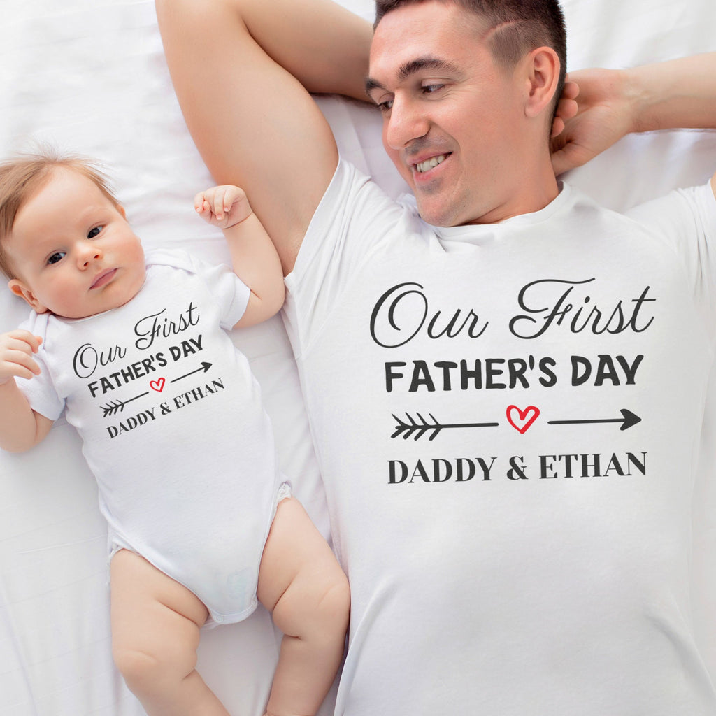 PERSONALISED Our First Father's Day Matching Father Baby Gift Set - Mens T Shirt & Baby Bodysuit - (Sold Separately)
