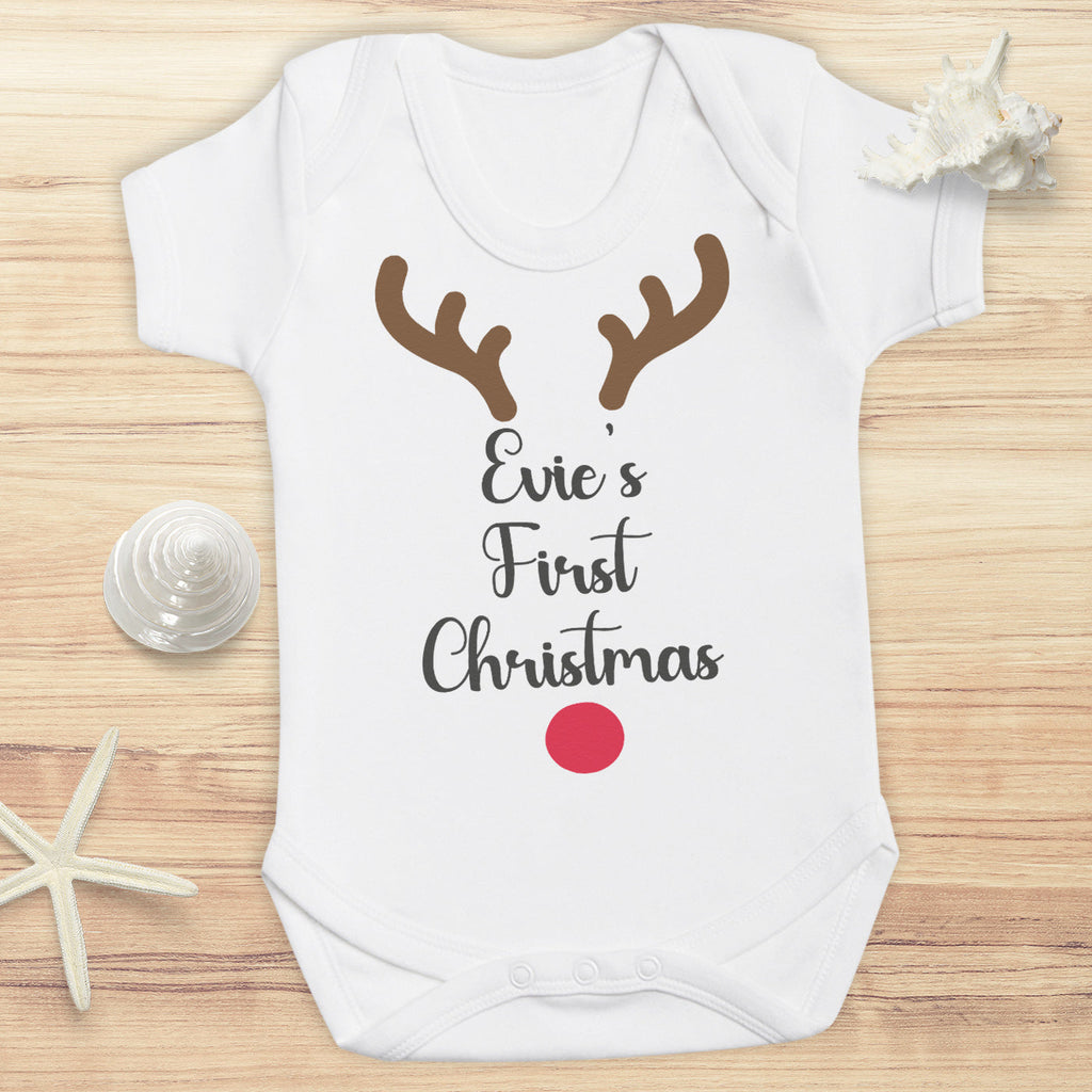 PERSONALISED Reindeer Face First Christmas - Baby Bodysuit & Baby T-Shirt