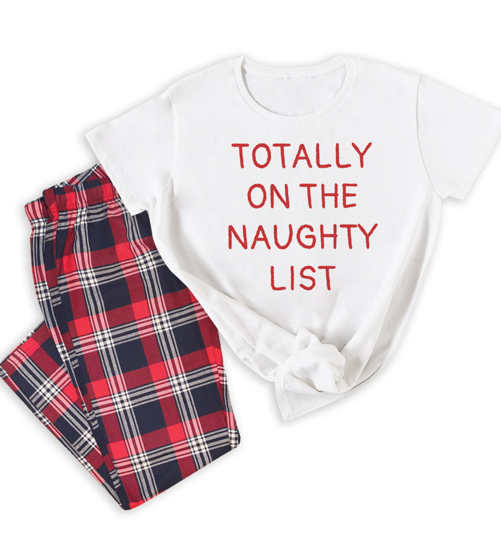 Totally On The Naughty List - Family Matching Christmas Pyjamas - Top & Tartan PJ Bottoms