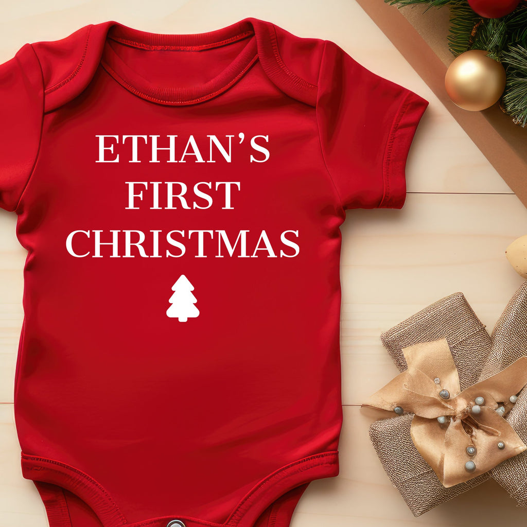 PERSONALISED Name & First Christmas with Tree Silhouette - Baby Bodysuit & Baby T-Shirt