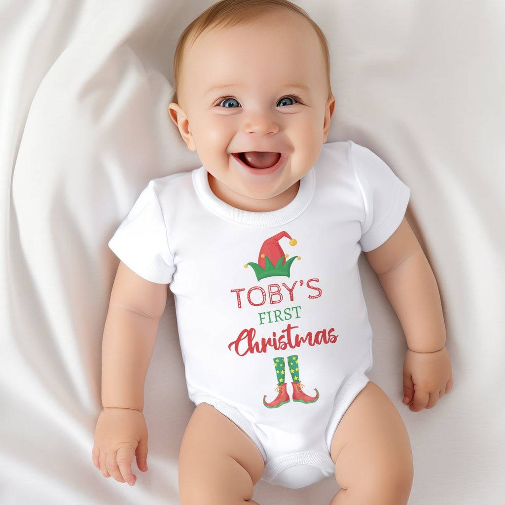 PERSONALISED First Christmas with Elf Hat & Boots - Baby Bodysuit & Baby T-Shirt