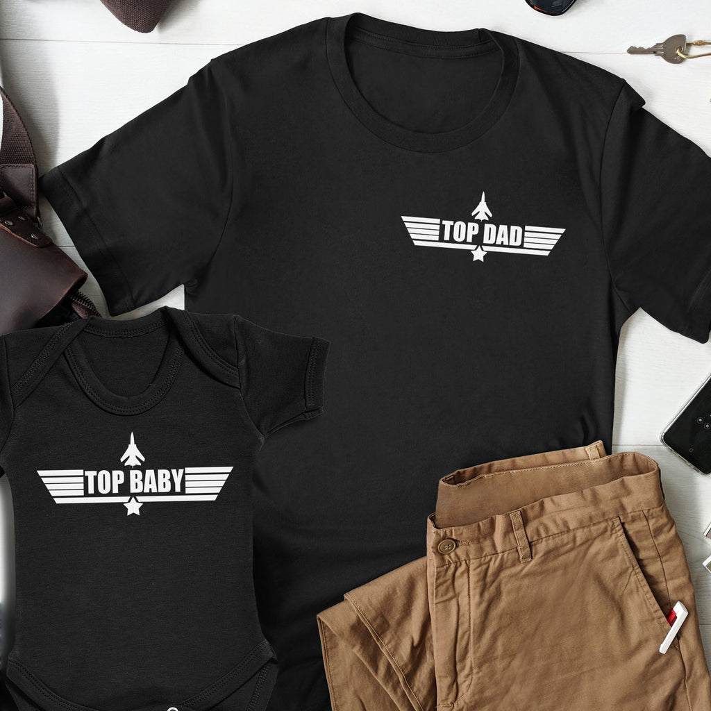 Top Baby & Top Dad - Baby Gift Set with Baby / Kids T-Shirt & Father's T-Shirt - (Sold Separately)